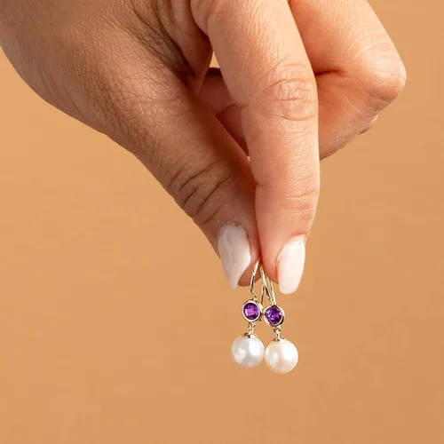 Vista 6 de Peora Aretes colgantes de oro amarillo de 14 quilates, perlas blancas cultivadas en agua dulce de 0.315 in y amatista genuina para mujer, piedra