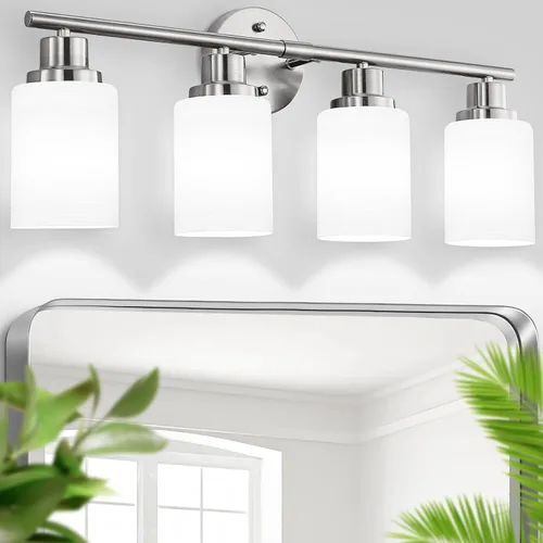Vista 22 de Paquete de 2 luces de tocador de 1 luz, lámpara de baño de níquel cepillado con pantalla de vidrio blanco lechoso texturizado, accesorio