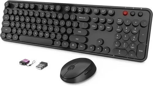 Vista 11 de SkyGive - Combo de teclado y mouse inalámbricos, teclado ergonómico de tamaño completo con diseño retro tipo máquina de escribir, con teclas