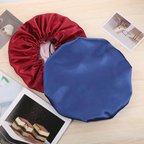 Vista 3 de Paquete de 2 gorros de satén para dormir, gorra de satén de doble capa para cabello natural y rizado