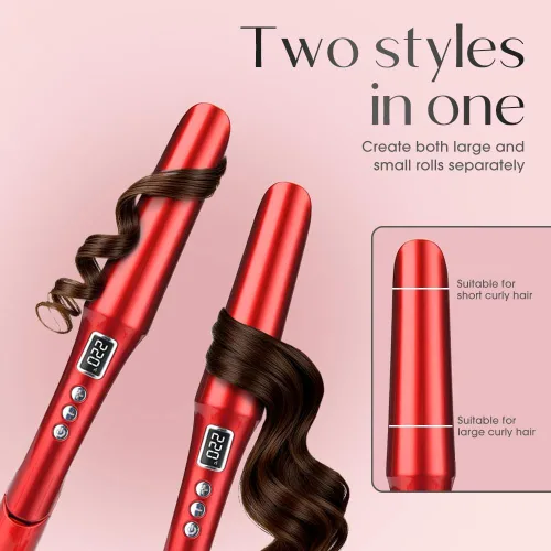 Vista 4 de Alisador y rizador de pelo 2 en 1, titanio y cerámica, rojo Plancha plana para cabello fino, calentamiento rápido, iones negativos, doble voltaje