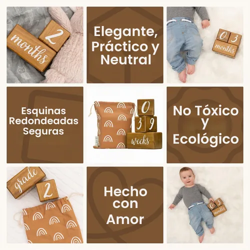 Vista 5 de Pondering Pine Bloques de hitos para bebé, madera de pino natural con semanas, meses y años, juego de bloques de edad con bolsa bohemia de arcoíris