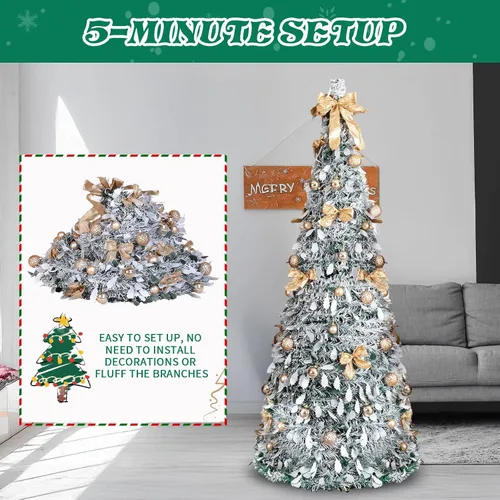 Vista 8 de Árbol de Navidad desplegable de 7 pies con luces, árbol de Navidad plegable preiluminado con 170 luces blancas cálidas y 8 modos intermitentes Verde