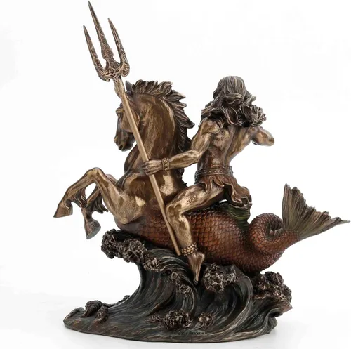 Vista 5 de Veronese Design Poseidon - Estatua de resina de hipocampo con Tridente, acabado en bronce
