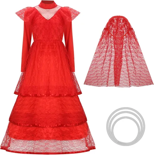 Vista 4 de ZIFUNMUR Vestido de novia gótico rojo para mujer, vestido de boda para adultos, encaje gótico, Halloween, cosplay, vestido de velo