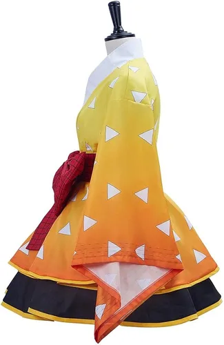 Vista 4 de BYHai Anime Demon Slayer Agatsuma Zenitsu Kimono Cosplay Disfraz japonés Lolita Kimono Vestido de criada Traje Adulto