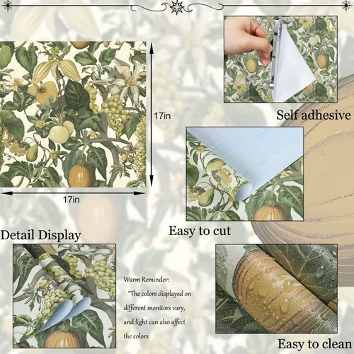 Vista 8 de Wudanye Papel Tapiz de Cáscara de Fruta Verde Despegar y Pegar Papel de Contacto Floral 16.9in×196.8in Papel Tapiz Autoadhesivo Boho Hoja Tropical