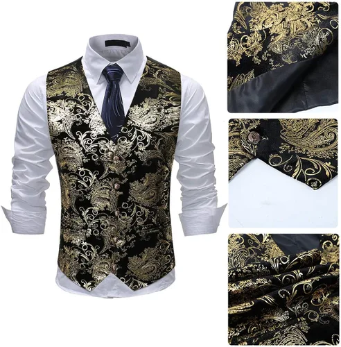 Vista 5 de Cloudstyle Chaleco de vestir con estampado para hombre, ajustado, chaleco formal con botones
