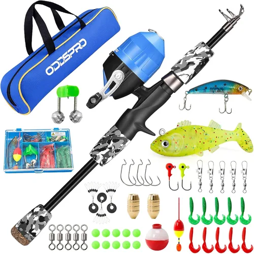 Vista 7 de ODDSPRO Caña de pescar para niños, kit combinado de caña de pescar y carrete telescópico portátil para niños, con caja de aparejos de pesca Spincast