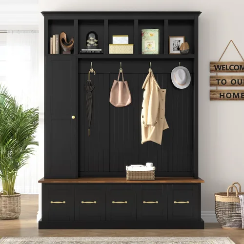 Vista 17 de JIVOIT Farmhouse Wood Hall Tree with Coat Hooks, Cabinets, 4 Drawers, Hooks (Ancient White/ 091)