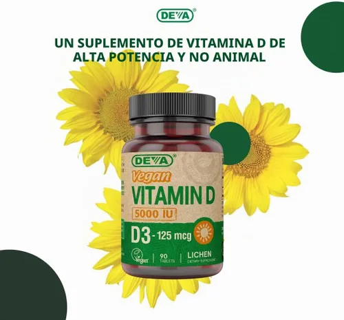 Vista 6 de DEVA Vitamina D3 5000 UI, suplemento de sol, 125 mcg de D3 vegano, botella de 90