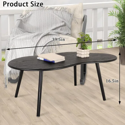 Vista 3 de Mesa de centro pequeña, mesa de centro de nube negra para espacios pequeños, mesa central moderna única e irregular con patas de madera, mesa