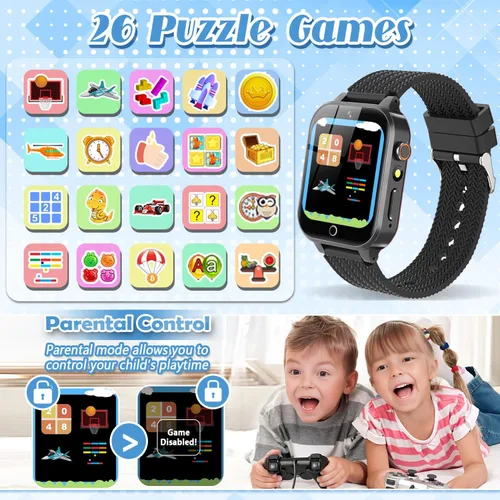 Vista 3 de Tywop Reloj inteligente para niños y niñas de 3 a 12 años con 26 juegos de rompecabezas, cámara de video HD, pantalla táctil, reproductor de música