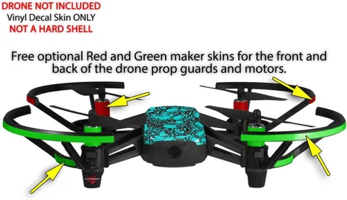 Vista 3 de Skin Wrap 2 Pack para DJI Ryze Tello Drone dispersos calaveras neón verde azulado Drone No Incluidas