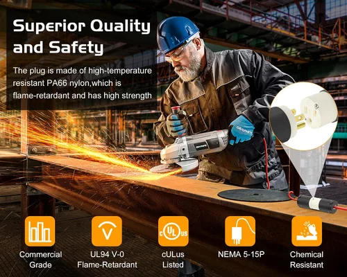 Vista 2 de Cable de extensión NEMA 5-15P con certificación UL para reparación de extremos de repuesto macho de 15 amperios, 110, 120, 125 voltios, 3 puntas, 2