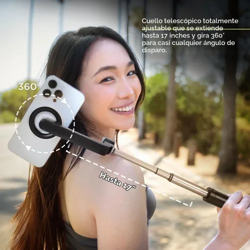 Vista 5 de PureGear Soporte de trípode magnético para selfie stick con control remoto inalámbrico, compatible con MagSafe para iPhone serie 17/16/15/14/13/12
