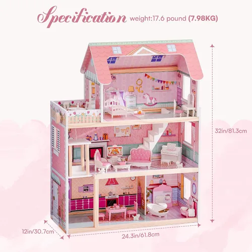 Vista 13 de ROBUD Casa de madera para muñecas, juego de casa de muñecas con 24 piezas de accesorios exquisitos, ascensor que funciona, regalo para niños de 3