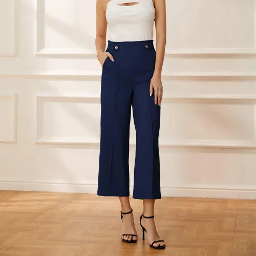 Vista 7 de GRACE KARIN Pantalones de trabajo recortados de pierna recta para mujer, cintura alta elástica, pierna ancha, pantalones casuales de negocios