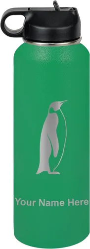 Vista 59 de LaserGram Botella de agua personalizada, pingüino, acero inoxidable de doble pared aislada al vacío con popote superior, regalo grabado
