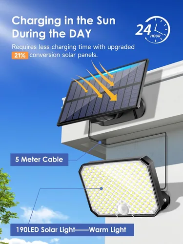 Vista 2 de One Fire Luces solares para exteriores 【Luz cálida】 190 LED 1500 lm luces solares para exteriores, 3 modos y sensor de movimiento solar remoto