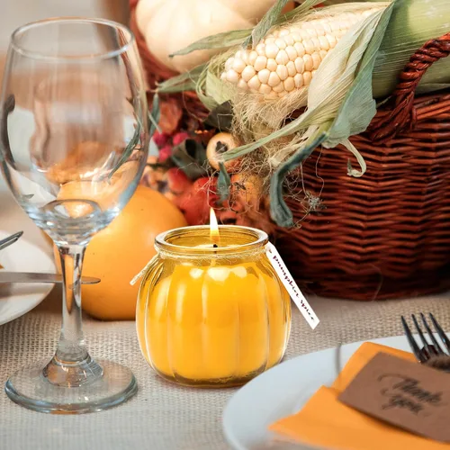 Vista 2 de Velas de otoño, 3 velas en forma de calabaza, vela perfumada de especias de calabaza, 3 x 5 onzas Regalo de decoración de otoño, regalos de Acción
