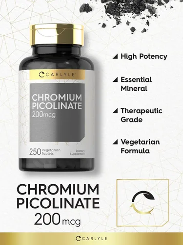 Vista 3 de Carlyle Picolinato de Cromo 200mcg 250 Tabletas Vegetarianas Alta absorción Suplemento sin OMG, sin gluten