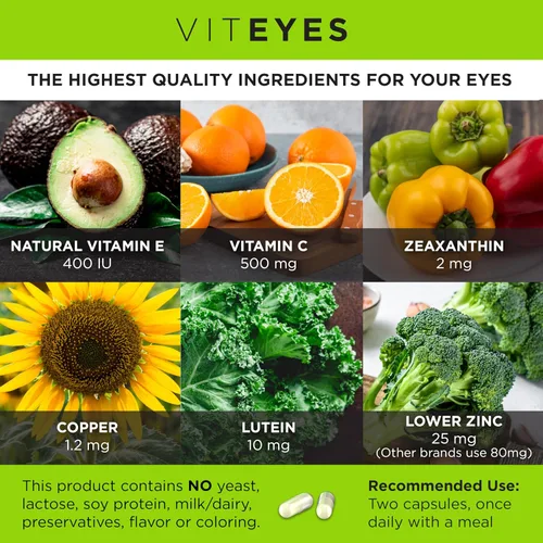 Vista 5 de Viteyes AREDS 2 Vitaminas oculares, soporte macular clásico, cápsulas libres de alérgenos, con vitamina E natural, vitamina C, zinc, cobre, luteína