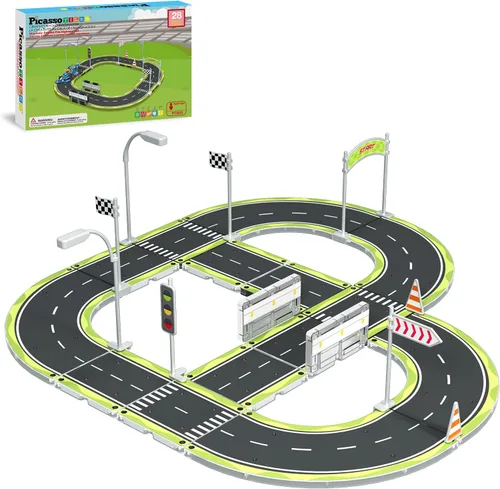Vista 11 de PicassoTiles Azulejos Magnéticos de Construcción Pista de Autos Vehículo Magnético Tema de Aventura Calle Impresa Carretera Pista Autopista Bloque