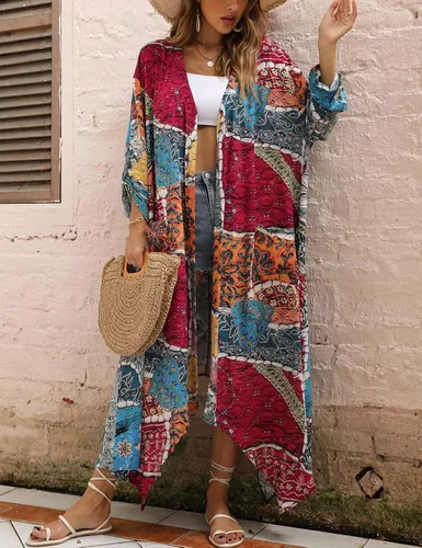 Vista 5 de Eddoyee Traje de baño largo con estampado frontal abierto para mujer, sexy, para playa, kimono, cárdigans