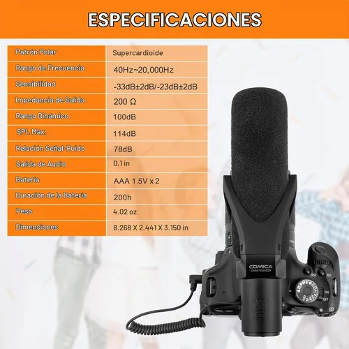 Vista 7 de COMICA CVM-V30PRO Micrófono de escopeta, micrófono de video profesional súper cardioide con soporte de choque, kit de micrófono de cámara