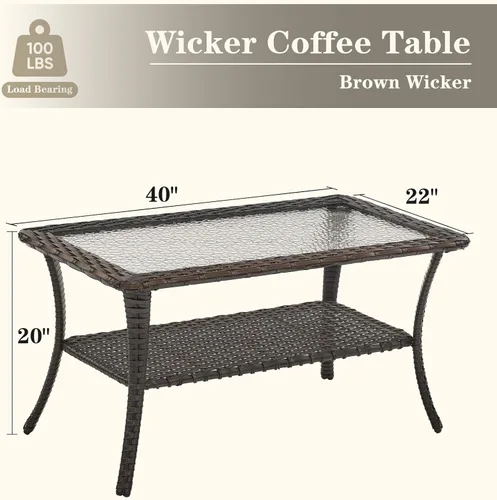 Vista 3 de Belord Mesa de centro al aire libre para patio, mesa de centro de ratán de 40 pulgadas con almacenamiento de 2 capas, mesa rectangular de mimbre