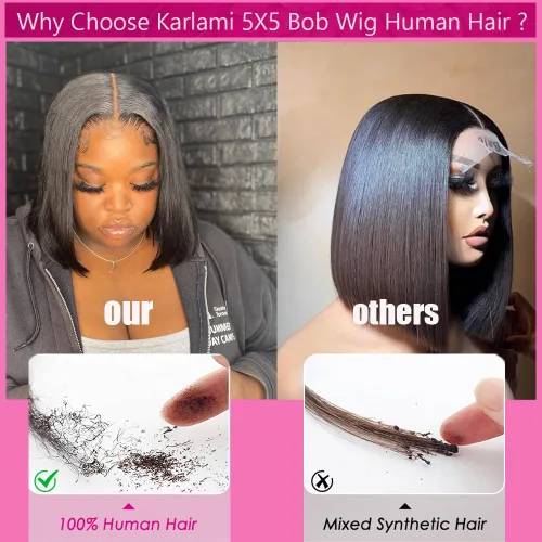 Vista 2 de Karlami Peluca de cabello humano Bob de 8 pulgadas, sin pegamento, 5 x 5 HD, con cierre de encaje, pelucas de cabello humano prearrancadas HD
