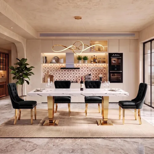 Vista 6 de Henf Mesa de comedor rectangular de mármol sintético blanco de 70 pulgadas Blanco & Oro