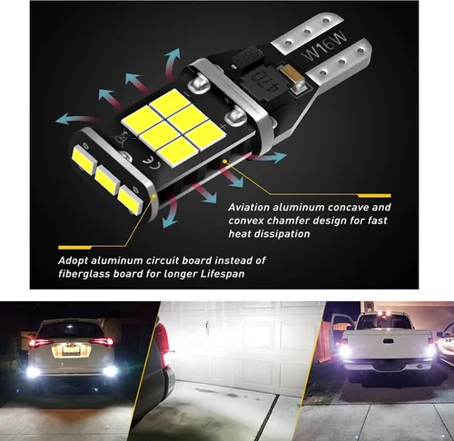 Vista 5 de 2 bombillas LED de respaldo para automóvil, T15-2835-15SMD, bombillas de freno LED de 1.5 x 0.5 pulgadas, universales para la mayoría