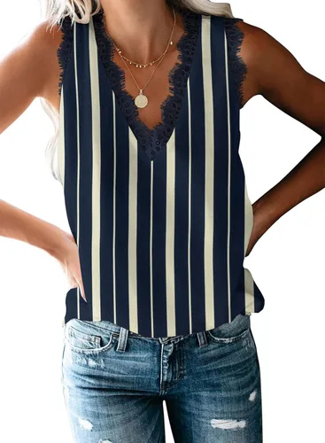 Vista 78 de VIISHOW - Camiseta sin mangas, sexy, con cuello en V y bordes de encaje para mujer, camisola de vestir, camisas de gasa, sin mangas, casuales