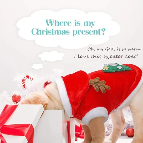 Vista 5 de Disfraces de Navidad para perros, abrigo de suéter para mascotas para clima frío, traje de reno de Papá Noel, sudadera con capucha de invierno