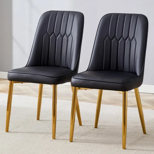Vista 17 de Juego de 2 sillas de comedor modernas, color negro, sillas de cocina de piel sintética, sillas laterales tapizadas con patas de metal, sillas sin