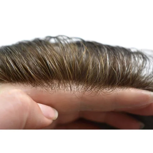 Vista 2 de Toupee - Sistema de reemplazo de pelo transparente para hombres de piel ultrafina de 0.002 in, poliéster superfino, todos los lazos en V, base
