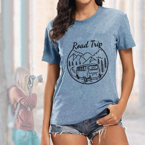 Vista 2 de Camisetas gráficas divertidas para mujer, camisetas de verano estampadas para viajes por carretera, novedad de la naturaleza, camisetas sueltas