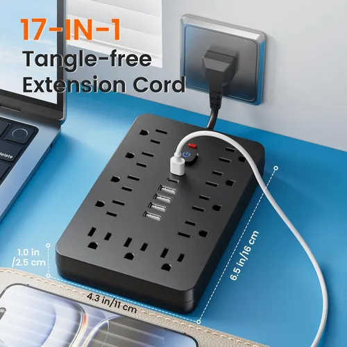 Vista 3 de Protector de sobretensiones - Enchufe de pared con múltiples tomas de corriente alterna, 6 puertos USB (2 USB C), cable de extensión corto negro