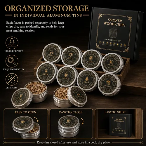 Vista 5 de Chips de madera para ahumar cócteles y whisky, juego de repuesto de chips de madera de 8 sabores en latas de aluminio para kit de ahumador