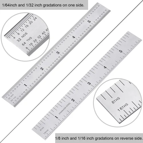 Vista 4 de eBoot Paquete de 2 reglas de acero inoxidable para ingeniero, regla métrica con marcas de 1/8, 1/16, 1/32, 1/64 pulgadas para ingeniería, escuela