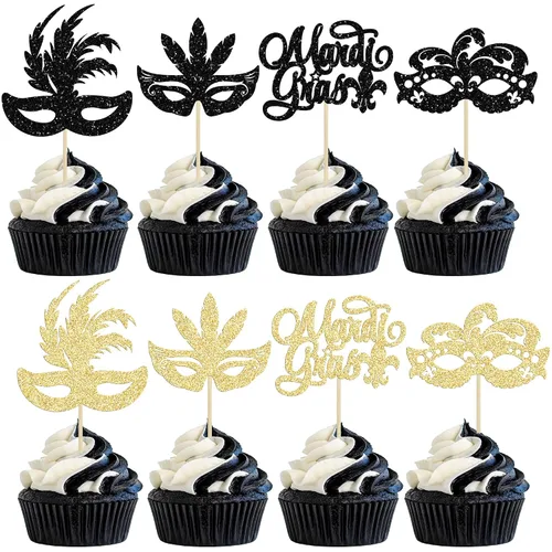 Vista 18 de Gyufise 24 máscaras de mascarada para cupcakes con purpurina para despedida de soltera, para cupcakes, comida y frutas, baile de máscaras, Mardi
