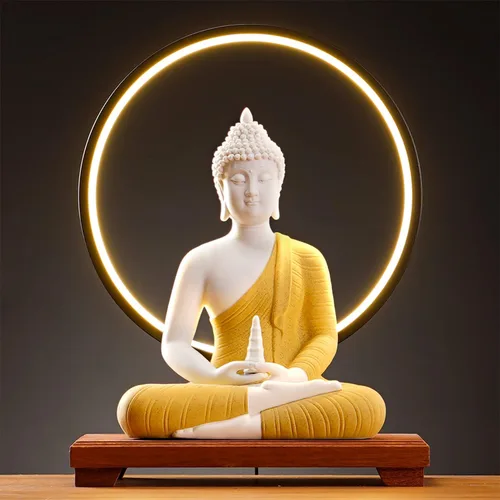 Vista 8 de QINLANG Estatua de Buda roja de 12 pulgadas y lámpara de mesa circular LED de 15.74 pulgadas, estatuas de Buda de interior para decoración del hogar