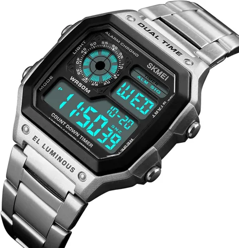Vista 2 de Moda deportes acero inoxidable LED Digital alarma cronógrafo impermeable multifunción hombres reloj de cuarzo