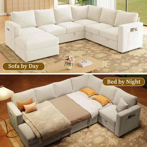 Vista 5 de Sofá modular modular en forma de U de 106.7 pulgadas con cama extraíble y almacenamiento, moderno sofá convertible de 7 asientos, cómodo seccional