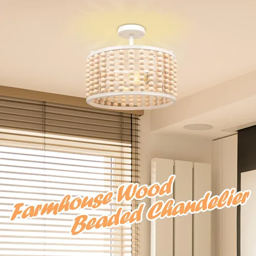 Vista 5 de Candelabro Bohemio de Cuentas de Madera Blanca - Moderna Lámpara de Techo para Guardería, Luz de Montaje Semiempotrado con Cuentas, Luces