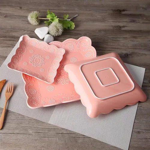 Vista 6 de Eplze YBK Tech - Elegante plato cuadrado de encaje en relieve, plato de postre de porcelana de hueso para desayuno o té de la tarde