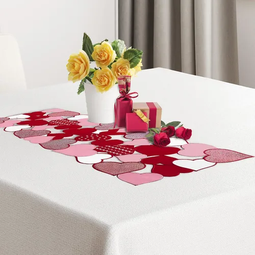 Vista 7 de OWENIE Caminos de mesa para el día de San Valentín, centros de mesa de San Valentín, 13 x 36 pulgadas, decoración de mesa roja bordada con corazón