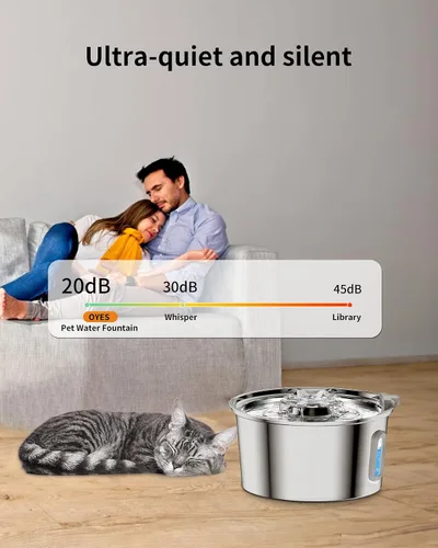 Vista 6 de Fuente de agua para gatos, fuente para gatos de 3.2L/108 onzas con ventana de nivel de agua, fuente de agua para mascotas de acero inoxidable